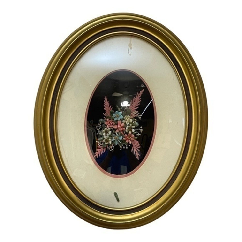 Vintage Gemstone Floral Portrait Coral Jade Moonspar Adventurine Tigereye Framed